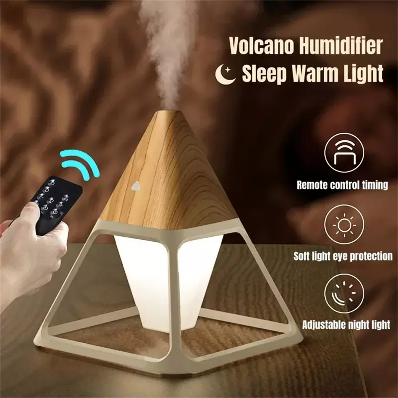 Humidificador de aire de pirámide de volcán, Difusor de aceite esencial de aromaterapia con lámpara cálida, grano de madera, USB, Control remoto
