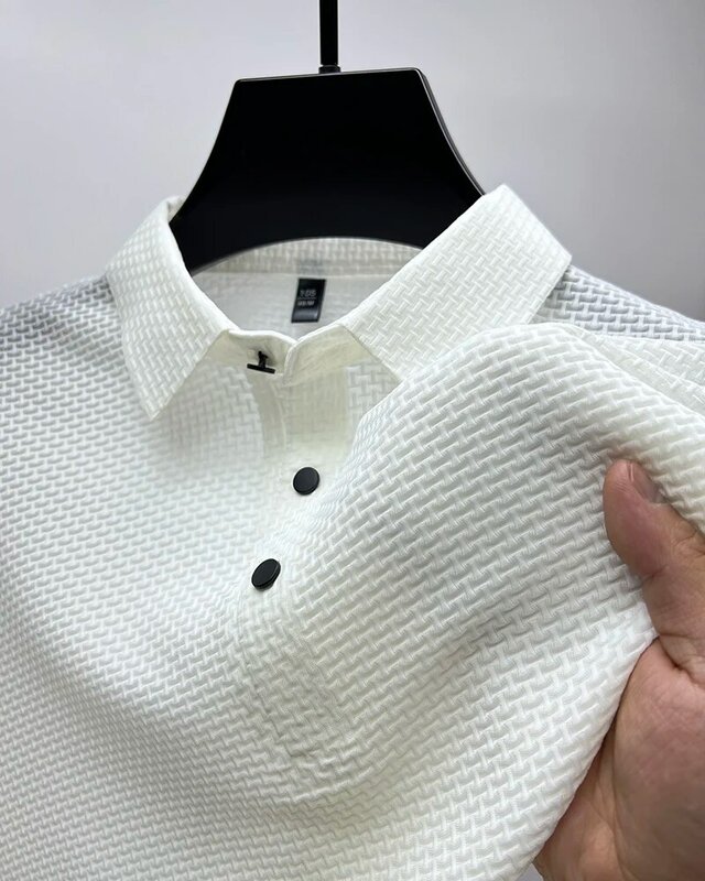 Kaus Polo pria, musim panas baru Lop-up Hollow lengan pendek sutra es bernapas bisnis Fashion T-Shirt pria merek pakaian