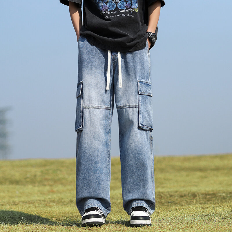 Джинсы-карго мужские с эластичным поясом, свободные прямые штаны в американском стиле, с карманами, в стиле High Street, весна-лето