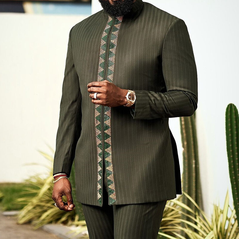 2024 Luxus Herren Anzug Set Kaunda Anzug Smoking Outfits Pocket Top Hosen afrikanischen ethnischen Hochzeit Gentleman 2 stücke Sets Anzug Outfits