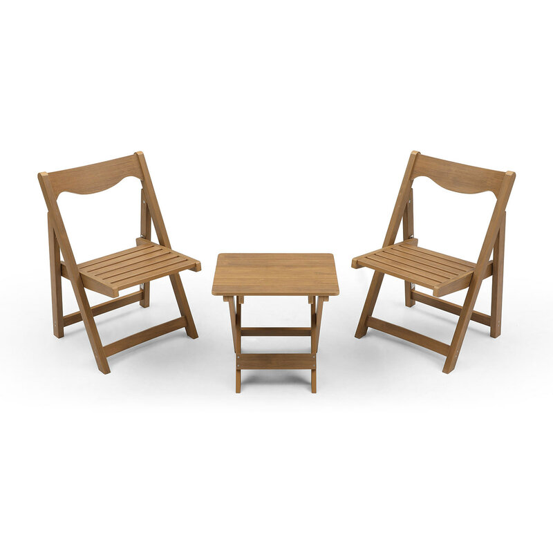 Ensemble de bistrot d'extérieur pliable, résistant aux intempéries, en matériau HIPS, avec petite table rectangulaire et 2 chaises en teck