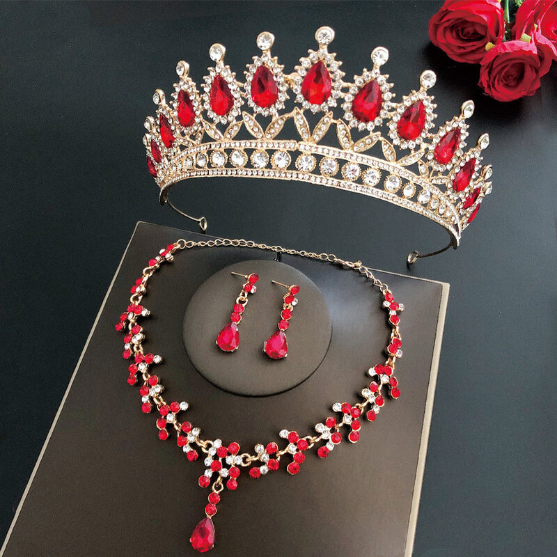 3Pcs/set Baroque Crystal Bridal Jewelry Rhinestone Tiaras Crown Necklace Earring For Bride Women Wedding Jewelry Set Gift