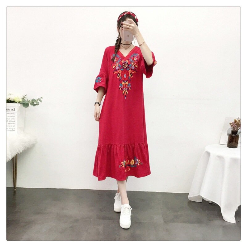 Vintage Tribal Ethnic Style Heavy Embroidery Dress V-neck Flared Sleeve Five-quarter Sleeve Loose Fit Comfortable and Breathable