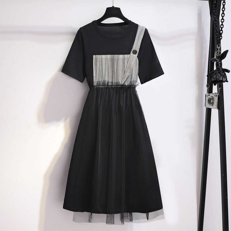 EHQAXIN nouvelle robe pour femmes 2024 été élégant maille épissage fronde mode manches courtes robes pour dames L-4XL