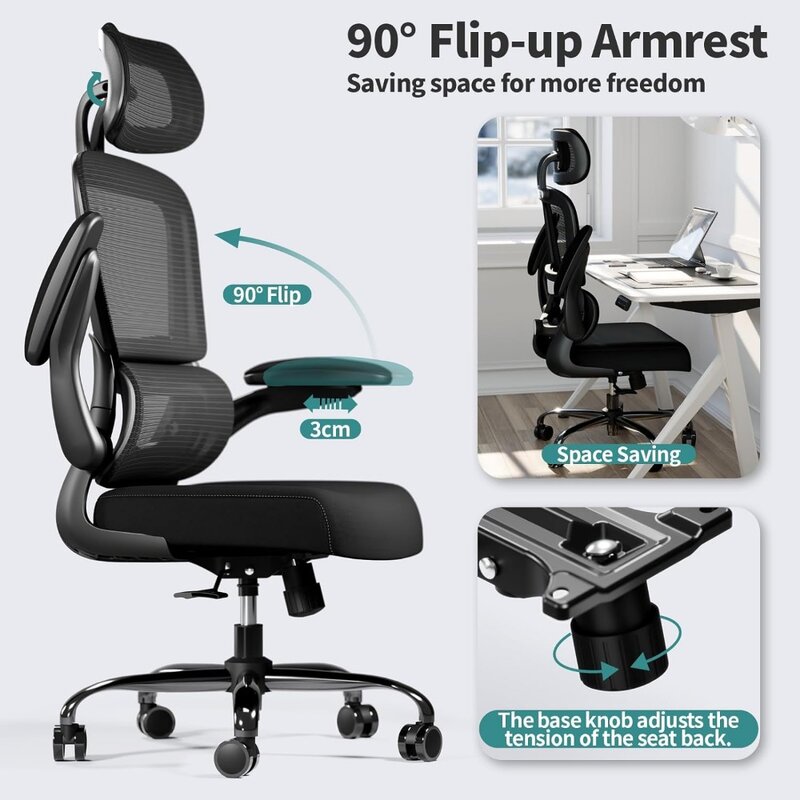 Silla de oficina ergonómica con ruedas, asiento de escritorio de malla para el hogar, 330 libras, cómoda para juegos