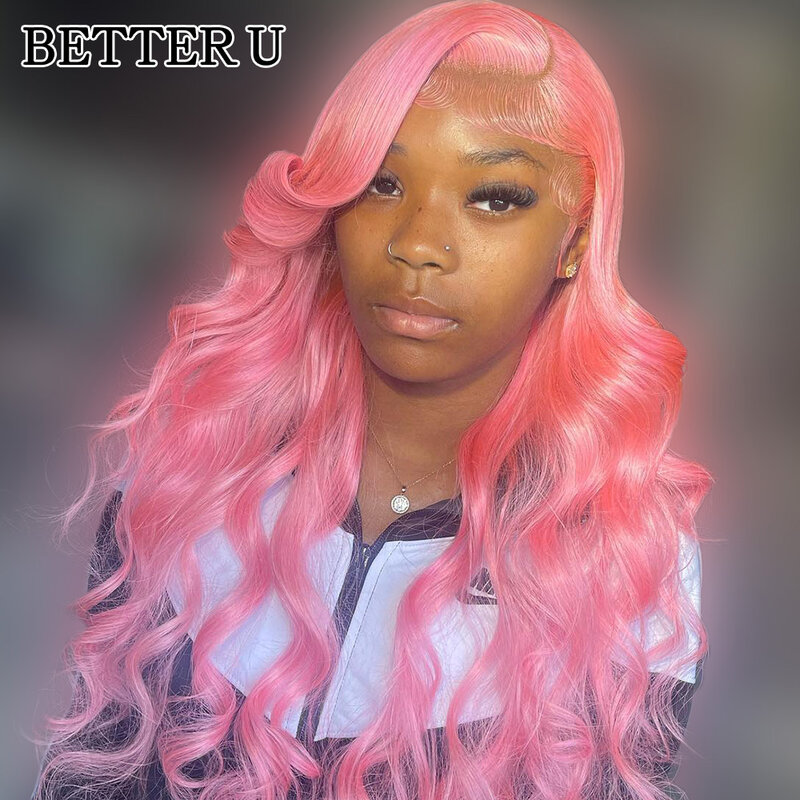 Pink Human Hair 13X6 Lace Front Pre-Stretched Wig Transparent Lace Front Wig 13x4 High Gloss Body Wave Wig 250 Density
