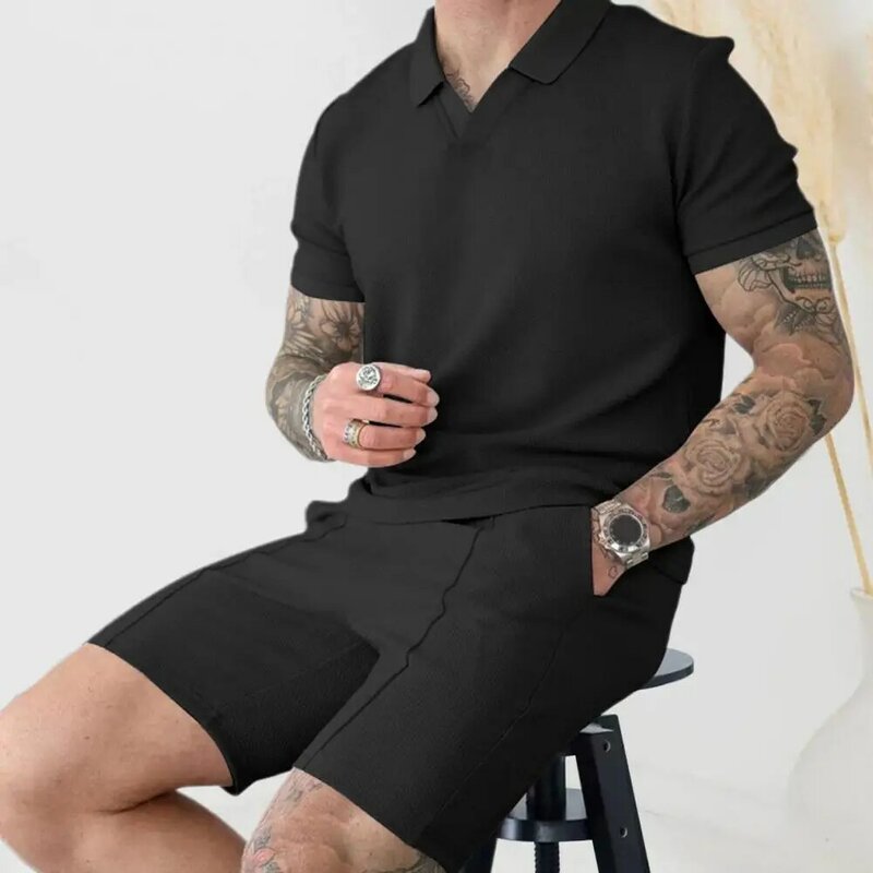 Lapel V-neck T-shirt Wide Leg Shorts Set Men's Casual Summer Outfit Set with V-neck T-shirt Wide Leg Shorts Streetwear for Men