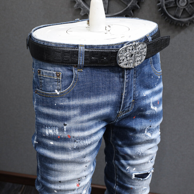 Jeans pria sobek pas badan, celana Denim jalanan pria desainer mode, biru Retro elastis elastis elastis