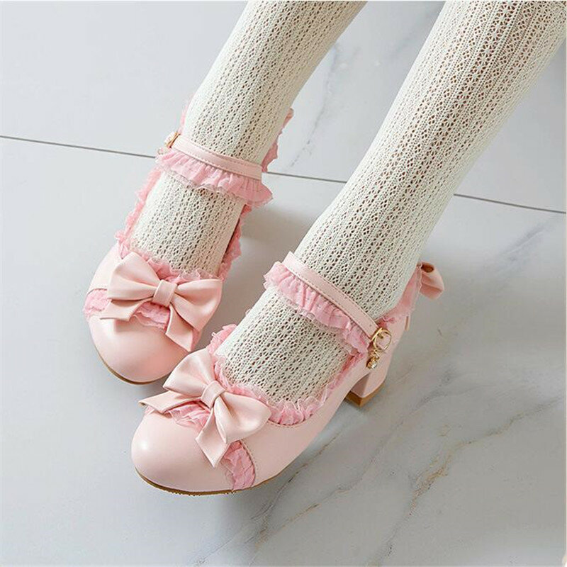 Children Girls High Heel Shoes Lolita Mary Janes Shoes Sweet Ruffles Bowknot Princess Party Dress Wedding Shoes Size 28-39