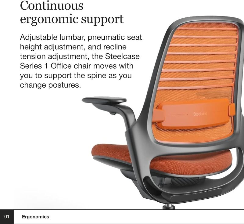 Steelcase-silla de oficina serie 1, con ruedas para suelo duro, controles activados por peso, soportes traseros y soporte de brazo, mandarina