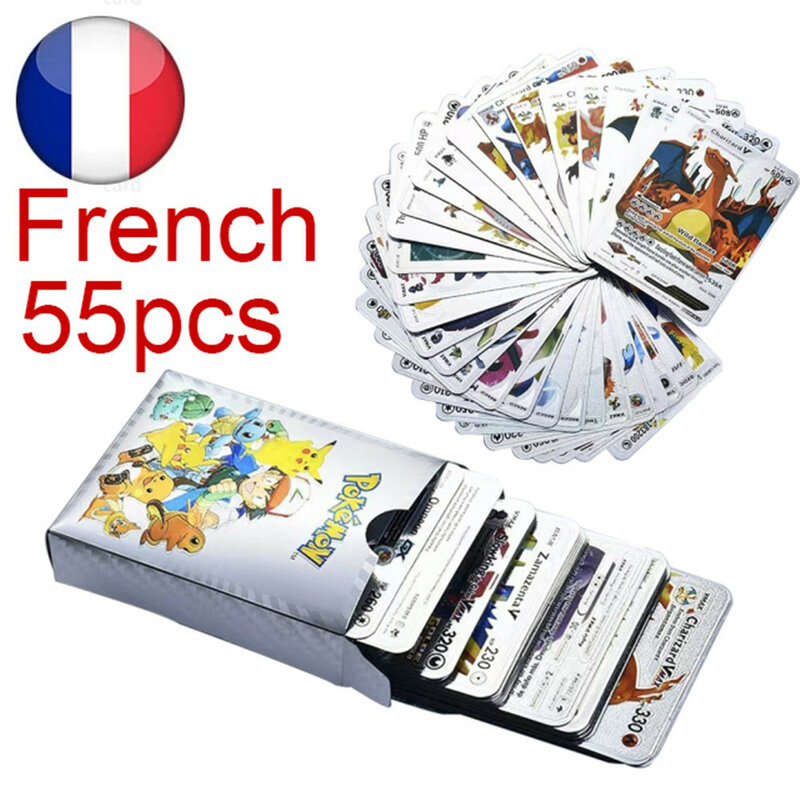Cartas de Pokémon francesas, caja de cartas de juego de la serie Vmax Gx, letras doradas, metálicas, 55 piezas