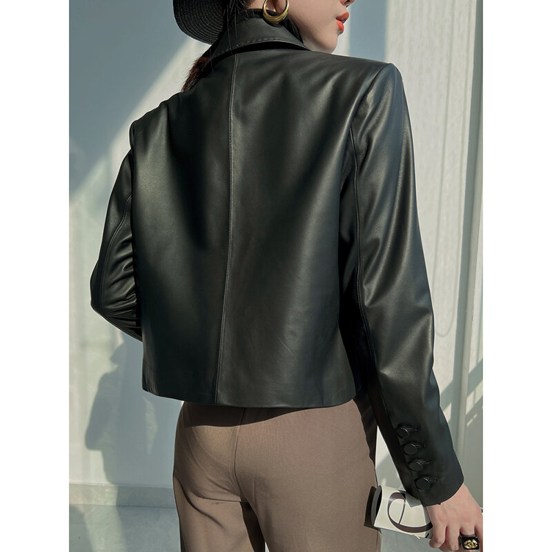 Genuine Leather Jacket for Women Spring Autumn Fashion  Suit Collar Two Buttons Short Loose Sheepskin Jaqueta De Couro Feminina