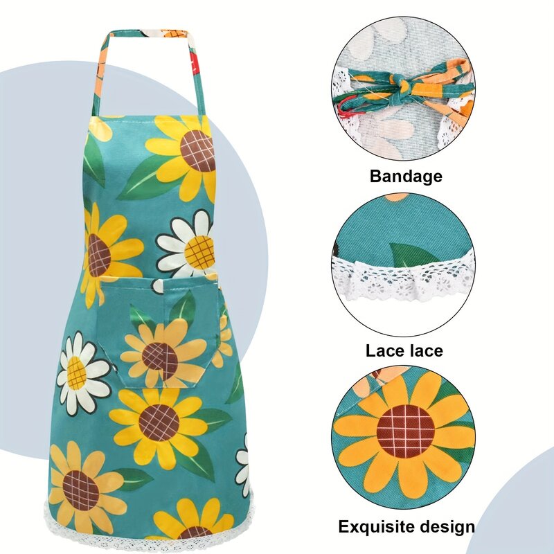 1pc Waterproof Floral Apron with Pocket for Kitchen, Gardening, and Salon - Adjustable and Blooming