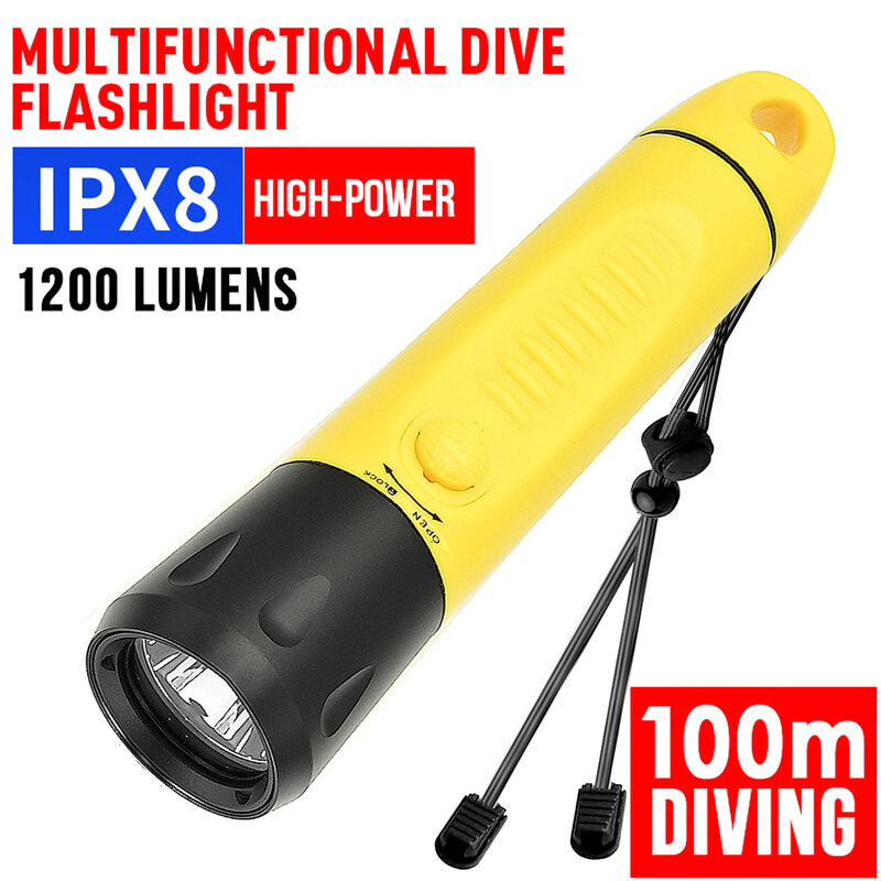 Lanterna de mergulho profissional, luz de mergulho, IPX-8 lanterna impermeável, lanterna subaquática branca, 1800 lumens, 100m, 5500K