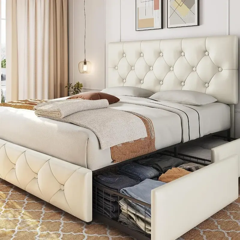 Łóżko tapicerowane rama z 4 szufladami i regulowanym zagłówkiem, skórzana łóżko z pełnymi bokami z podparciem listwy drewniane fundamentu materaca