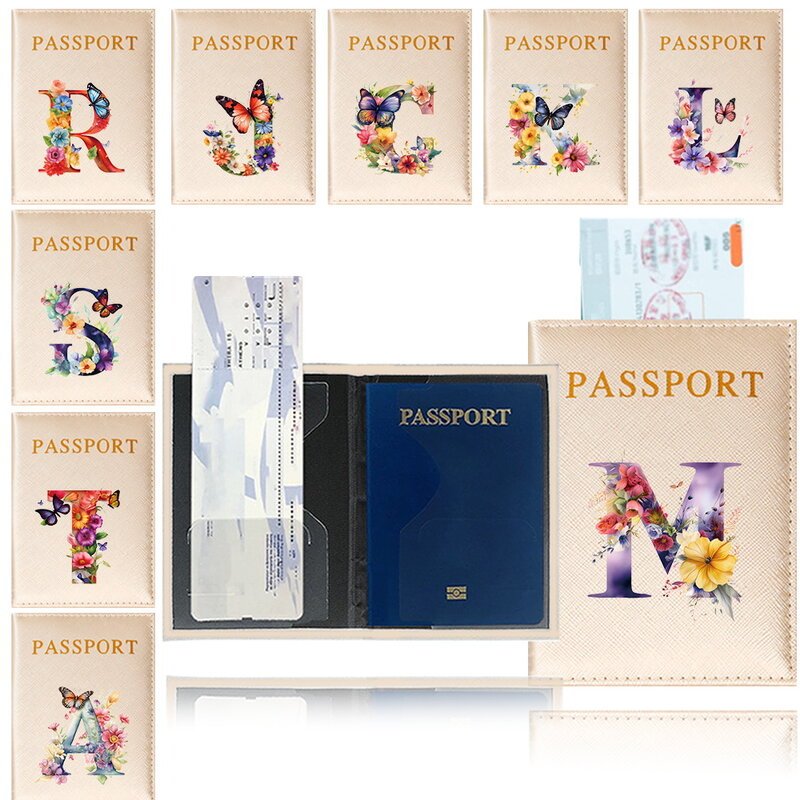 PU Leather Travel Passport Case Holder Multifunctional Travel Credit Card Wallet Print Butterfly Letter Sereis Protector Cover