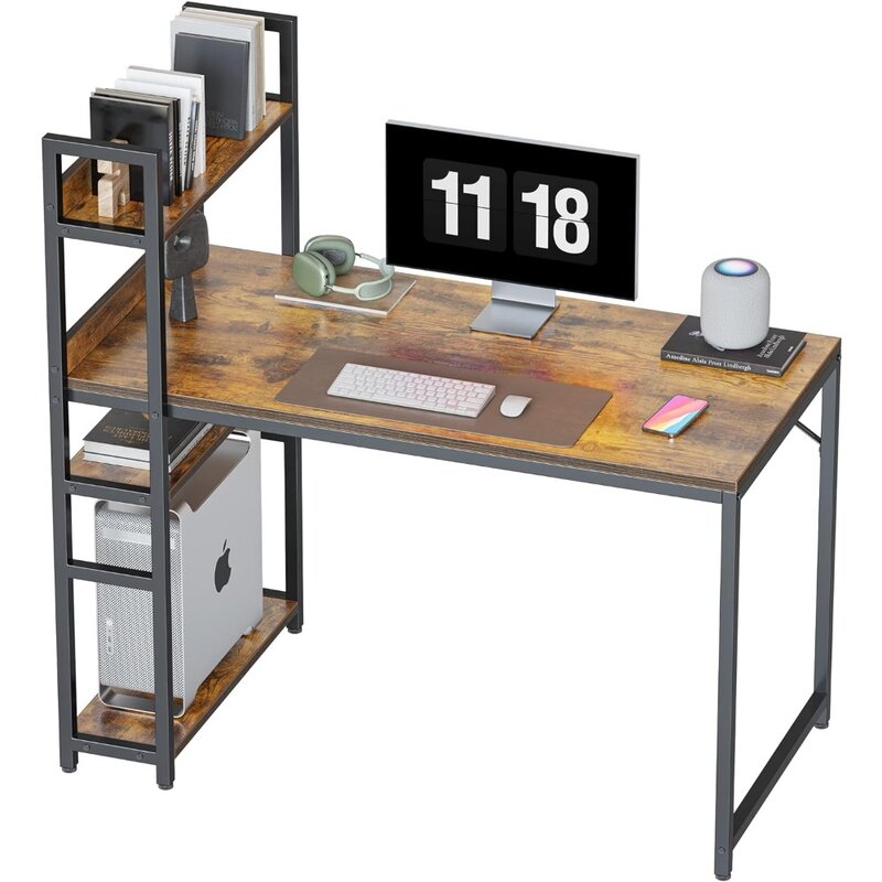 CubiCubi-Mesa de Computador Moderna com Prateleiras de Armazenamento, Mesa de Escrita para Escritório Doméstico, Estilo Simples, Marrom Rústico