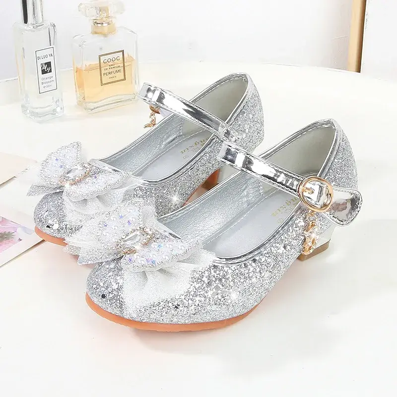 Girl Leather Shoes Mary Jane Sequins Bowtie Children Causal Wedding Party Dress Shoes Fashion Kids Princess Glitter High Heels