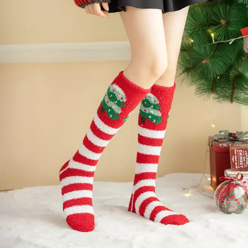 여성용 코랄 플리스 겨울 양말, 두꺼운 무릎 높이 양말, 긴 튜브 스타킹, 다리 워머 종아리 양말, 크리스마스 양말