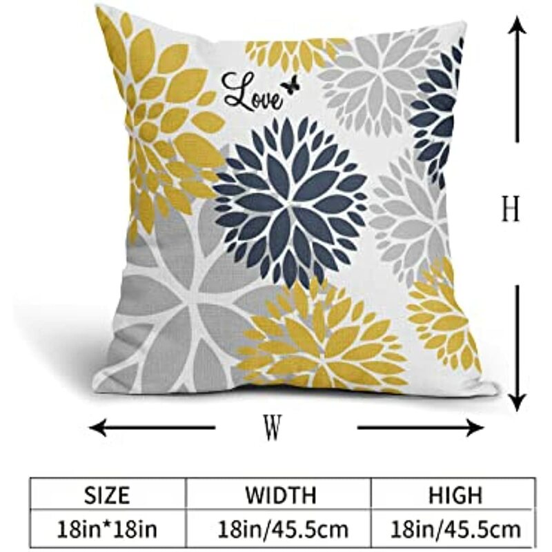 Blue and Yellow Dahlia Pillow Covers  Set of 2 Gray Navy  Linen Cushion Cover Pillow Case for Couch Sofa Bedroom Living Room