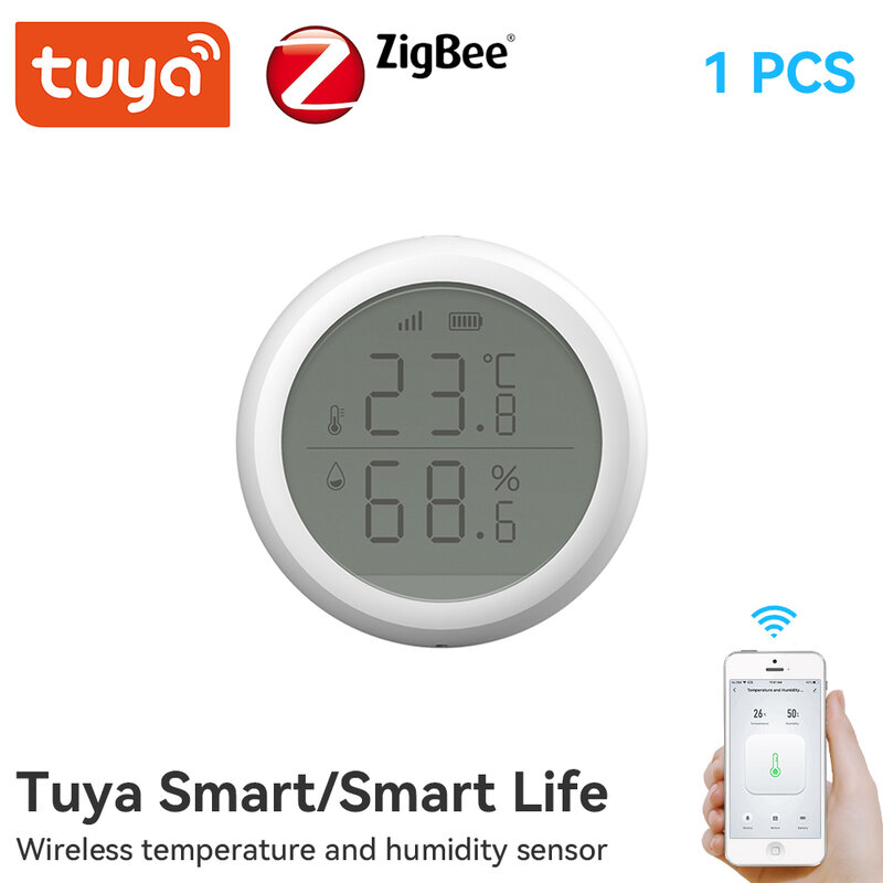 Tuya ZigBee-Sensor de temperatura e umidade doméstico inteligente, tela LED, funciona com o Google Assistant e o Tuya Zigbee Hub