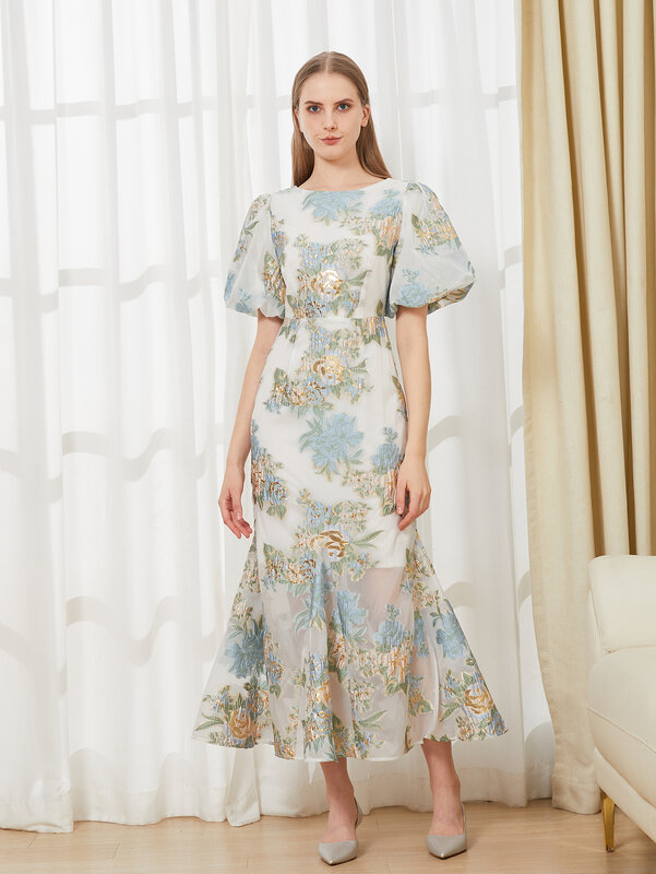 Elegancki kwiatowy długa sukienka z organzy Fishtail Maxi luksusowe suknie wieczorowe syrenki bufiaste rękawy modne wąska obcisła strój klubowy