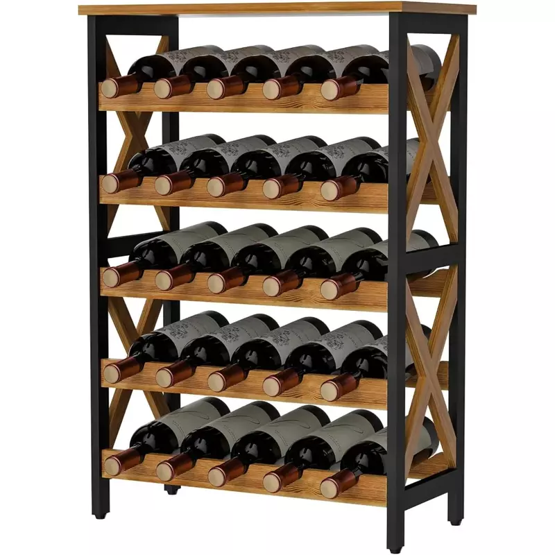 Cremalheira do vinho sem oscilação com piso autônomo, grande prateleira de exposição, vinho rústico titular, 5 níveis, 25 garrafas