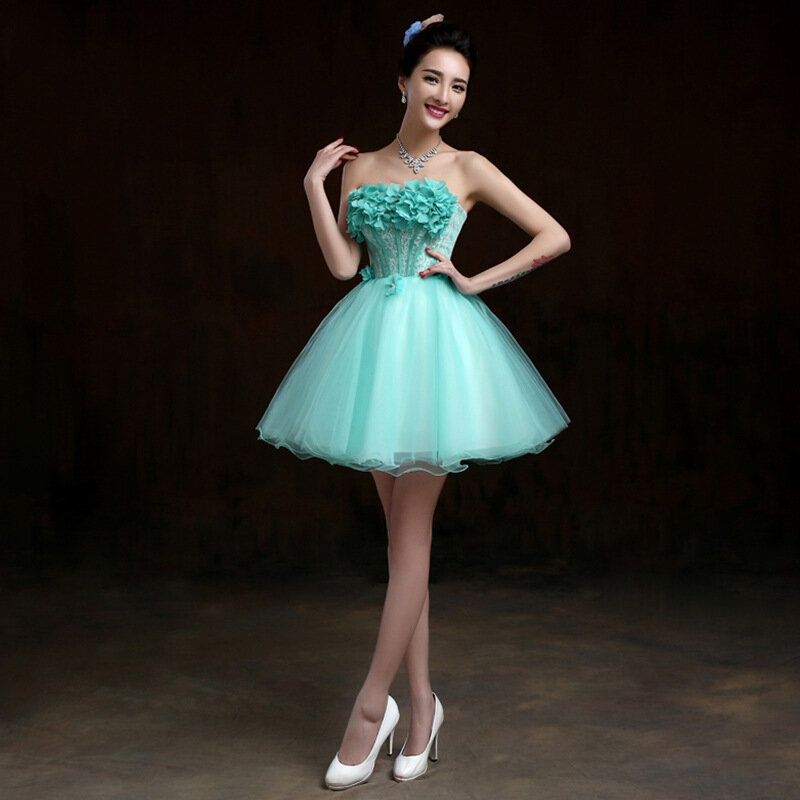Exquisite Appliques  Lace Quinceanera Dresses Stage Elegant Ball Gown Strapless Short Prom Party Dress Sleeveless Vestido De 15