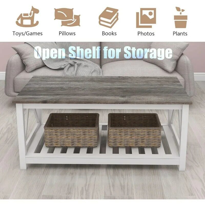 UYIHOME Farmhouse Coffee Table for Living Room, 2-Tier Rectangular Wooden Centre Cocktail Table with Slats Shelf Storage