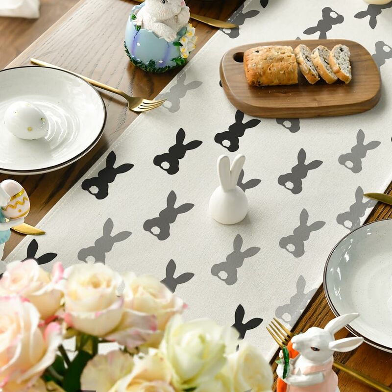 Bunny Rabbit Easter Table Runner, Spring Kitchen Dining Table Decoration for Home Party Decor