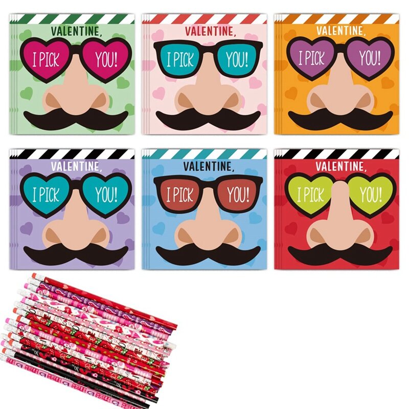 Zabawny zestaw upominkowy na Walentynki dla dzieci - 24 kartki walentynkowe i 24 ołówki - okulary z wąsami I Pick You