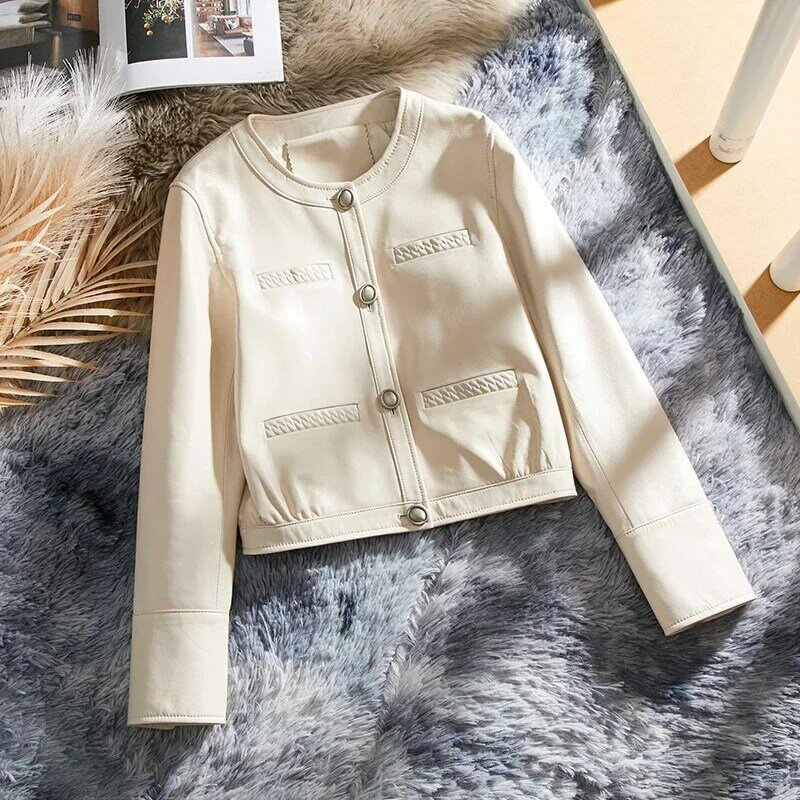 Tajiyane real jaqueta de couro para as mulheres nova primavera outono casacos de pele carneiro moda oneck casaco de couro jaqueta feminina sgg1041