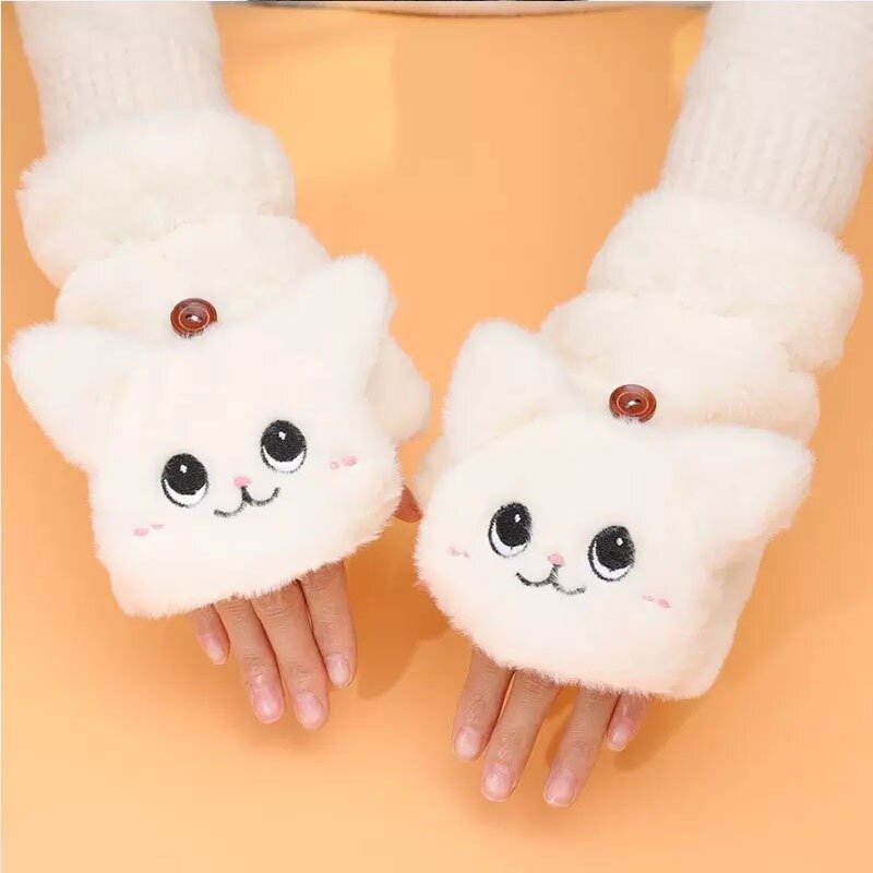 Sarung tangan kucing kelinci wanita, sarung tangan hangat bulu kelinci lembut tebal setengah jari musim dingin modis