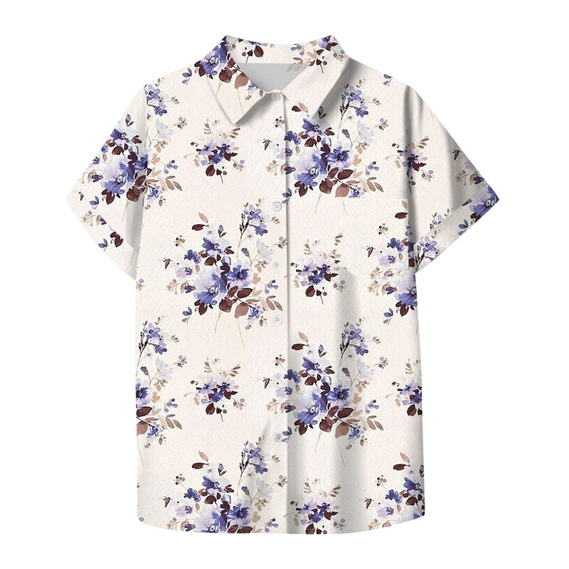 2024 Women's Shirt & Blouses Elegant Flower Print Shirt High Quality Short Sleeve Fashion Large Size Female Clothing Blouse