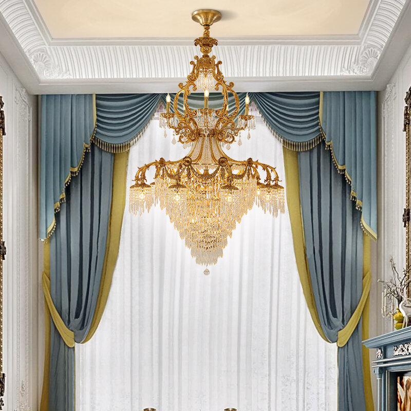 Candelabro grande de cristal de latón para sala de estar, luz colgante de cobre para escalera, Villa dúplex europea, estilo francés Neo clásico