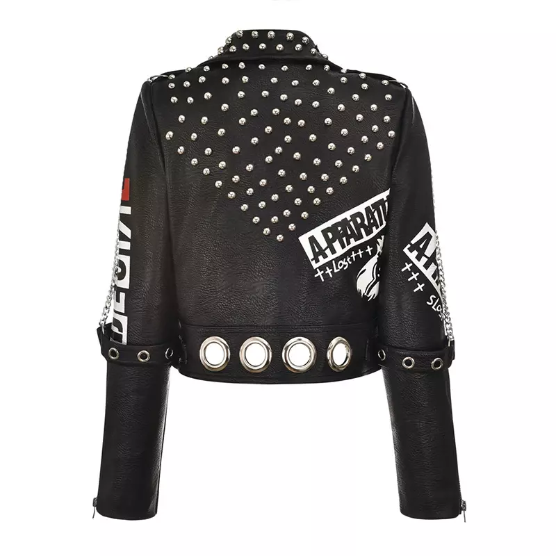 Jaqueta preta de couro de motocicleta slim fit para mulheres, roupa de rua estampada cravejada, punk rock, nova, 2024