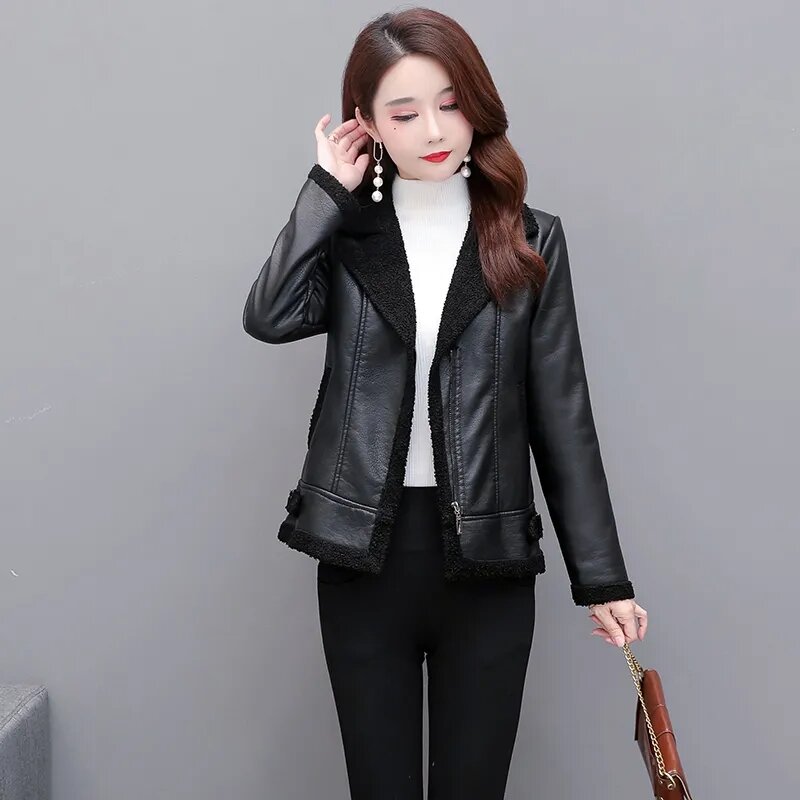 Plus velvet Leather Jacket Women's Outwear New Autumn Winter Leather Jacket PU Imitation Lamb Wool Coat Short Thick Warm Jackets