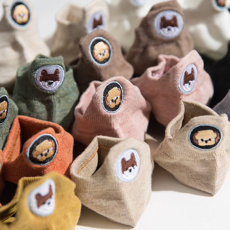 Confezione da 10 paia donna Kawaii Fashion ricamato cane testa di animale calzini corti alla caviglia Set Cute Cartoon Happy Funny Cotton Boat Socks