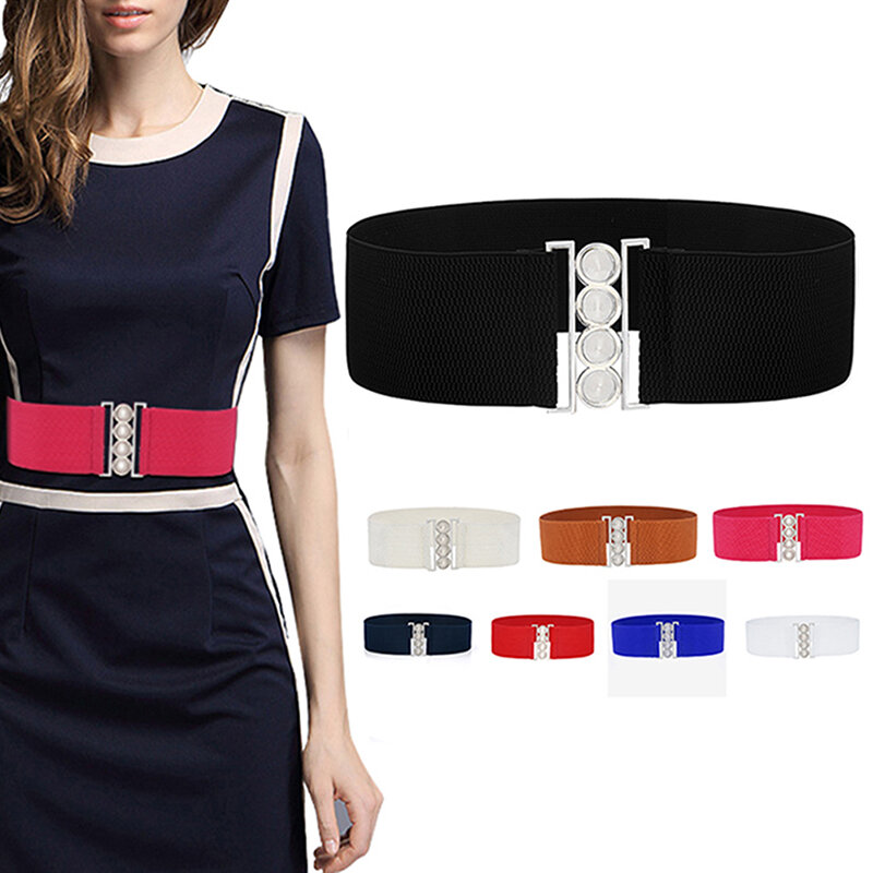 Anchos cinturones elásticos para mujer, accesorios de ropa, correa de tela con hebilla de Metal plateado, 1 unidad