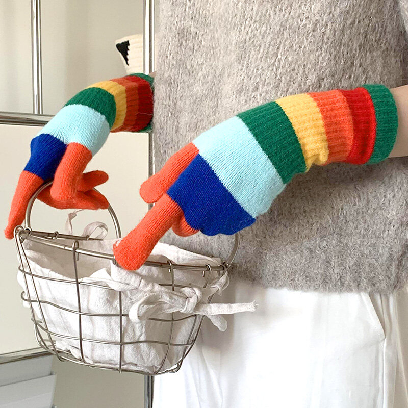 Rainbow Stripe Knitted Gloves Unisex Split Finger Gloves Women's Woolen Touch Screen Riding Gloves Casual Full Finger Windproof