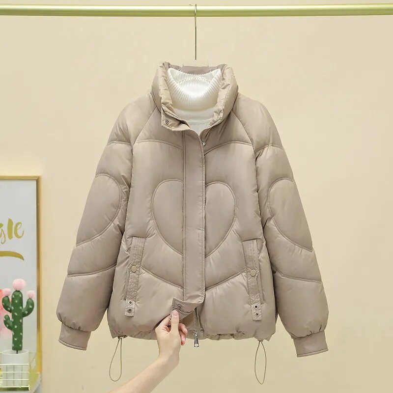 Mantel bawah katun wanita, jaket musim dingin baru 2023, jaket pendek tebal hangat Parkas longgar kasual kerah berdiri, mantel empuk modis