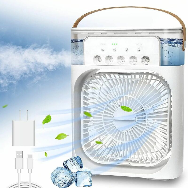 Ventilador portátil de aire acondicionado, humidificador de aire 3 en 1 con USB, luz LED nocturna, nebulizador de agua, para el hogar