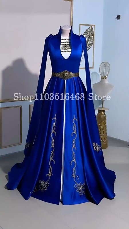 Royal Blue Ethnic Wedding Dress Long Sleeve Placket Luxury Embroidered High Neck Muslim Caucasian Custom Robe فساتين سهرة