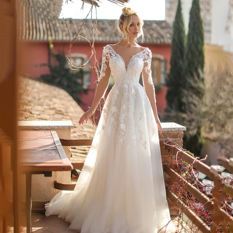 2024 Elegant Women's Wedding Dresses Lace Appliques Bride Gowns Long- Sleeves V-Neck Backless Sexy Robe Simple Vestidos De Novia