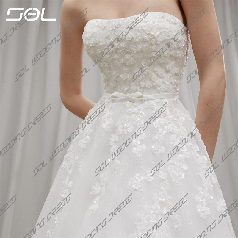 SOL proste koronkowe aplikacje bez ramiączek tiulowa suknia ślubna z paskiem eleganckie suknie ślubne bez pleców w kształcie linii a Vestidos De Novia