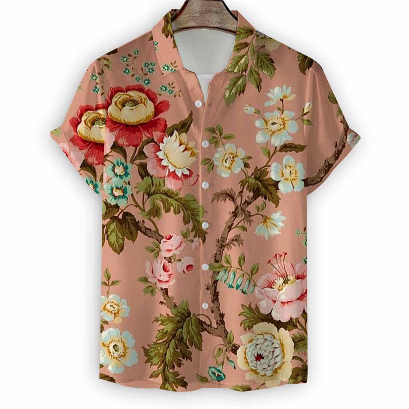 Camisa hawaiana de flores Retro para hombres, blusa de solapa con botones florales impresos en 3d, Tops casuales, camisas de gran tamaño para vacaciones de verano en la calle