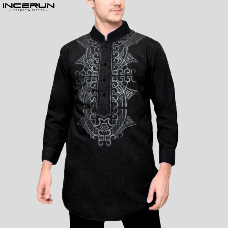 INCERUN 남성용 민족 프린트 패턴 셔츠, 캐주얼 스트리트웨어, 올매치 긴팔 블라우스 S-5XL, 2023 이슬람 스타일 상의, 신제품