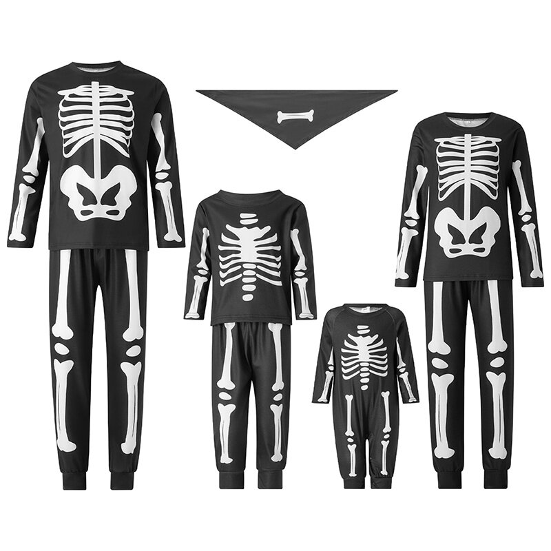 Halloween Family Matching Pajamas Adult Kids Skull Skeleton Print Long Sleeve Tops and Stretch Casual Pants Sleepwear