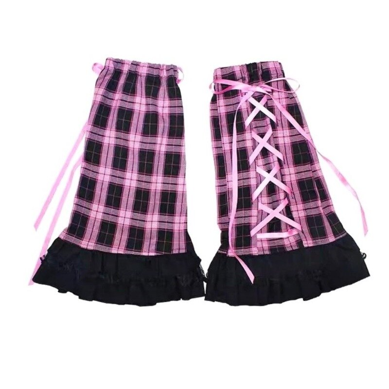 Skarpety z rękawami japonia Punk Y2K kobieca fajna różowa siatka skalna Sweetheart Legging wygląda na cienkie wstążki wzór w kratkę śliczne koronki