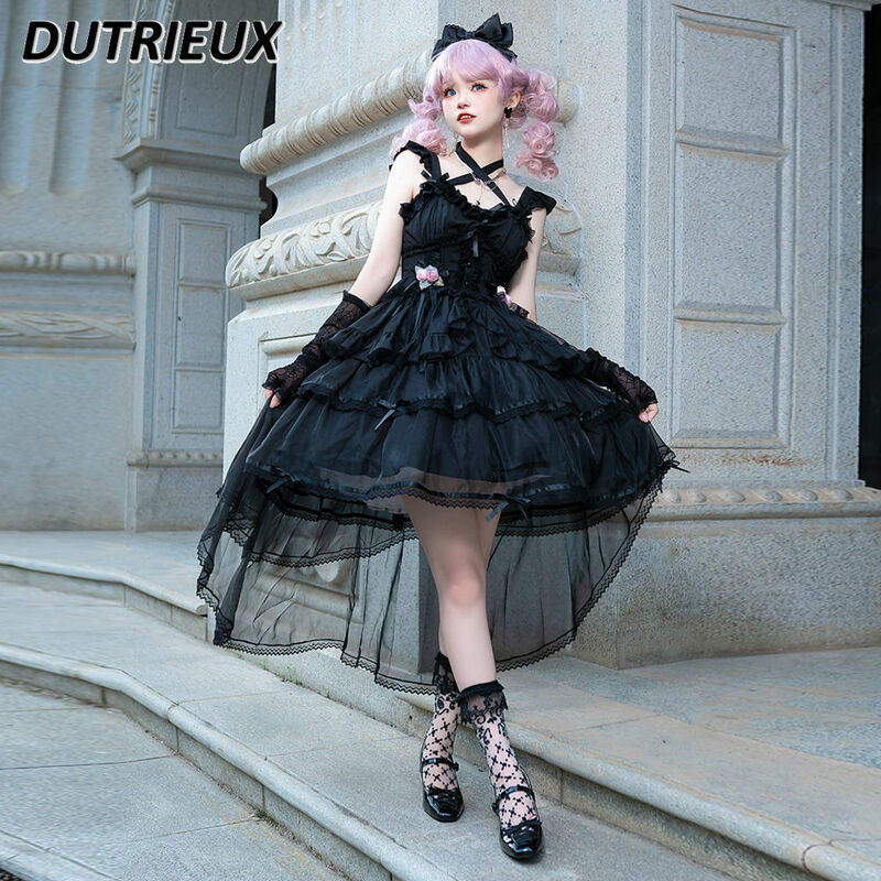 Giapponese estate dolce ragazza carina Lolita vestito elegante balza JSK maniche volanti tinta unita vita taglio abiti corti
